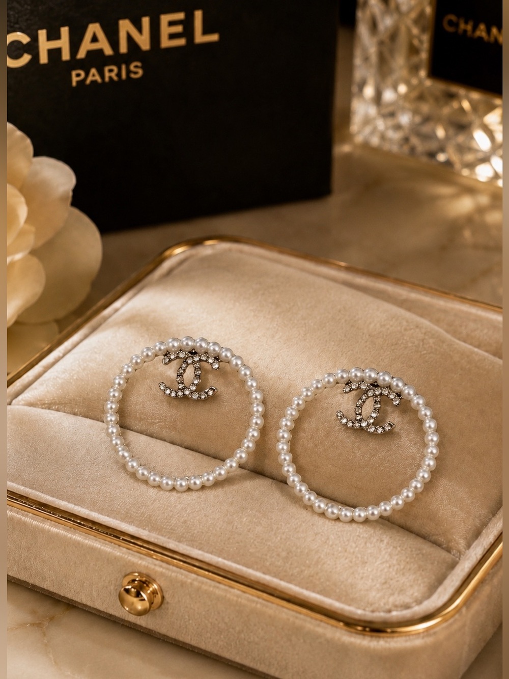 Pearl-Trim Silver Hoop Earrings with Double C Logo